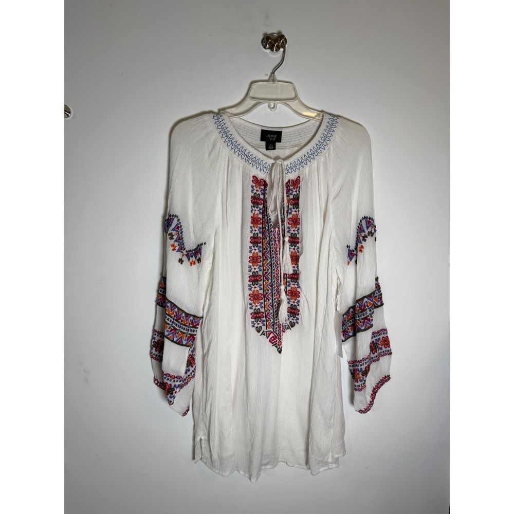 June + Vie Womens White Embroidered Tunic Top Boho Peasant Blouse Size L 18/20